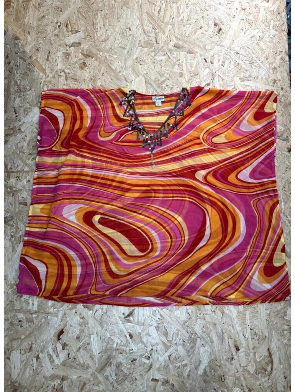 Signature Club A Kaftan Top Womens One Size Pink Orange Psychedelic Sequin